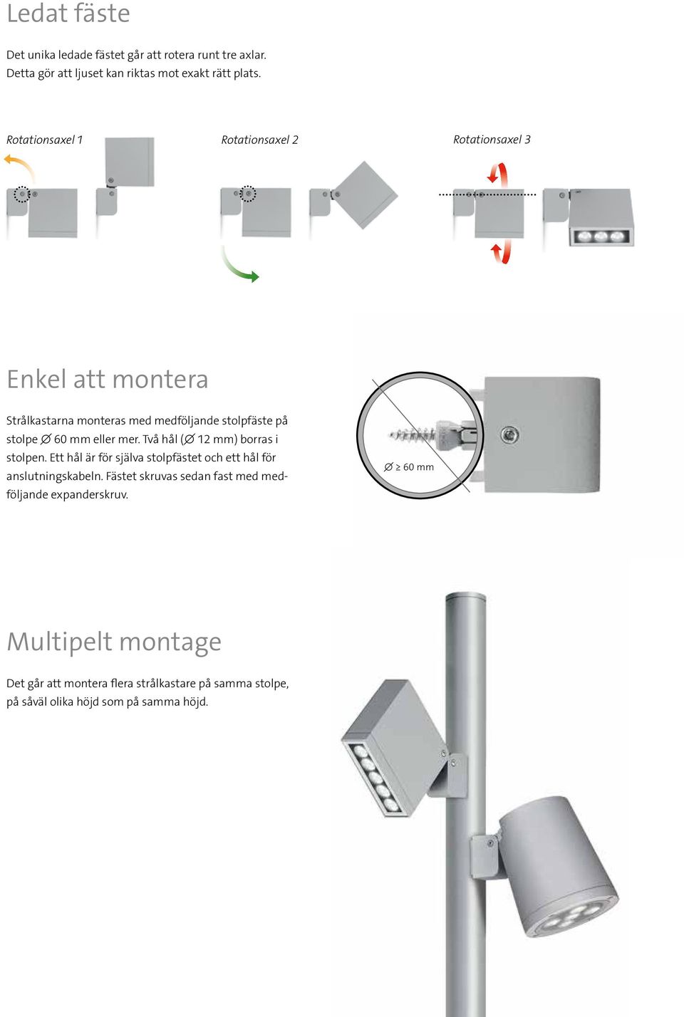 eller mer. Två hål ( 12 mm) borras i stolpen. Ett hål är för själva stolpfästet och ett hål för anslutningskabeln.