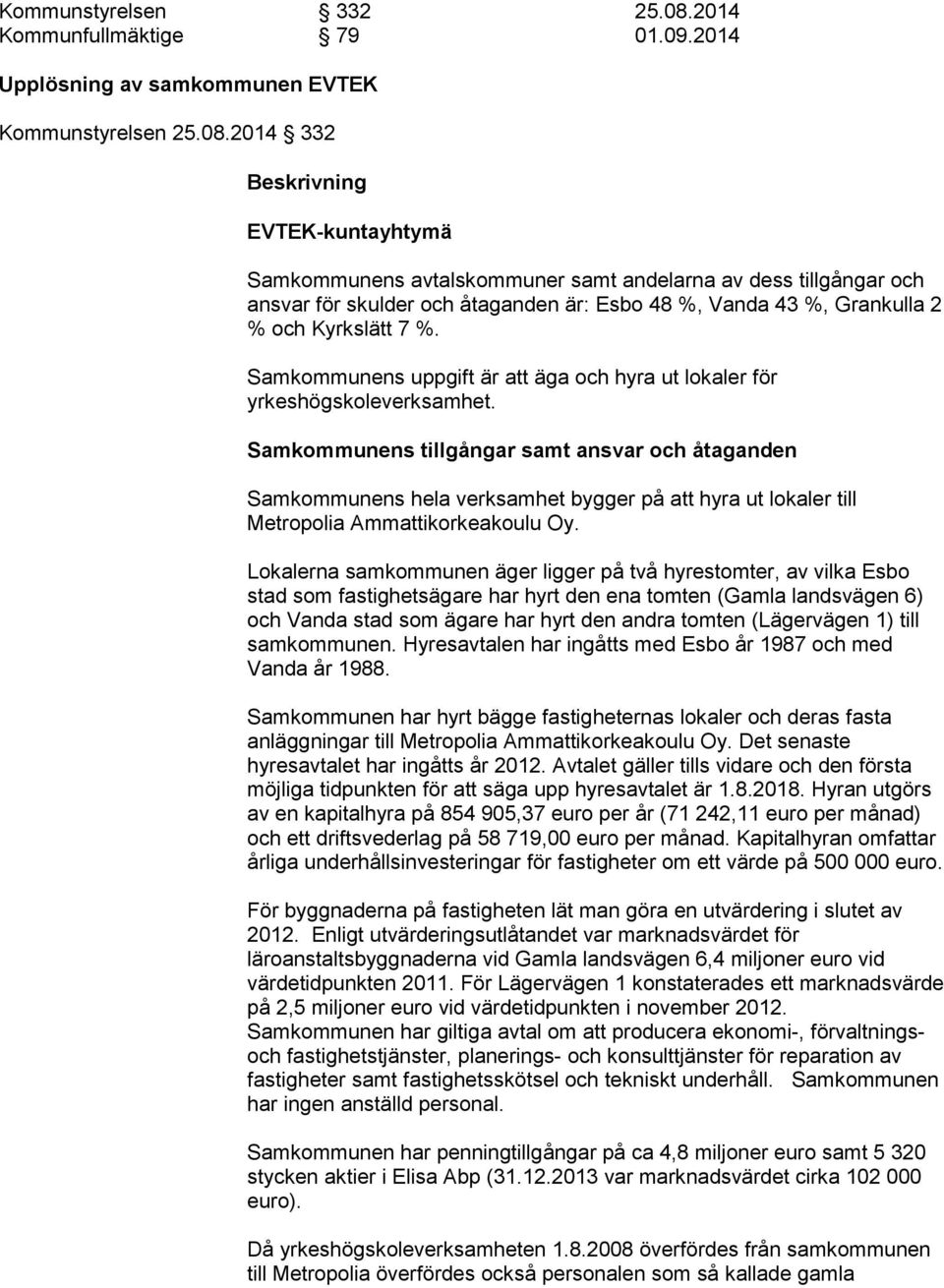 2014 332 Beskrivning EVTEK-kuntayhtymä Samkommunens avtalskommuner samt andelarna av dess tillgångar och ansvar för skulder och åtaganden är: Esbo 48 %, Vanda 43 %, Grankulla 2 % och Kyrkslätt 7 %.