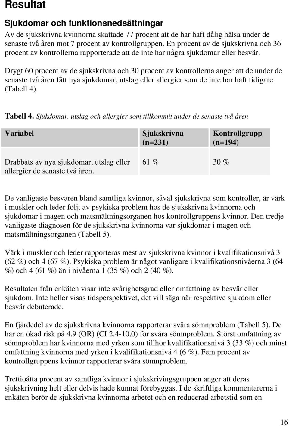 Drygt 60 procent av de sjukskrivna och 30 procent av kontrollerna anger att de under de senaste två åren fått nya sjukdomar, utslag eller allergier som de inte har haft tidigare (Tabell 4). Tabell 4.