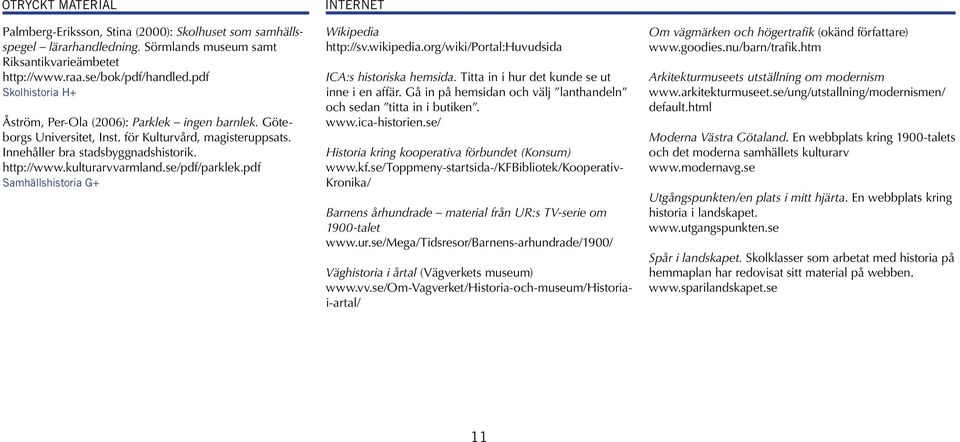 se/pdf/parklek.pdf Samhällshistoria G+ INTERNET Wikipedia http://sv.wikipedia.org/wiki/portal:huvudsida ICA:s historiska hemsida. Titta in i hur det kunde se ut inne i en affär.