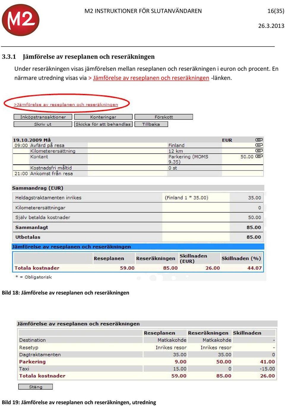 reseplanen och reseräkningen i euron och procent.