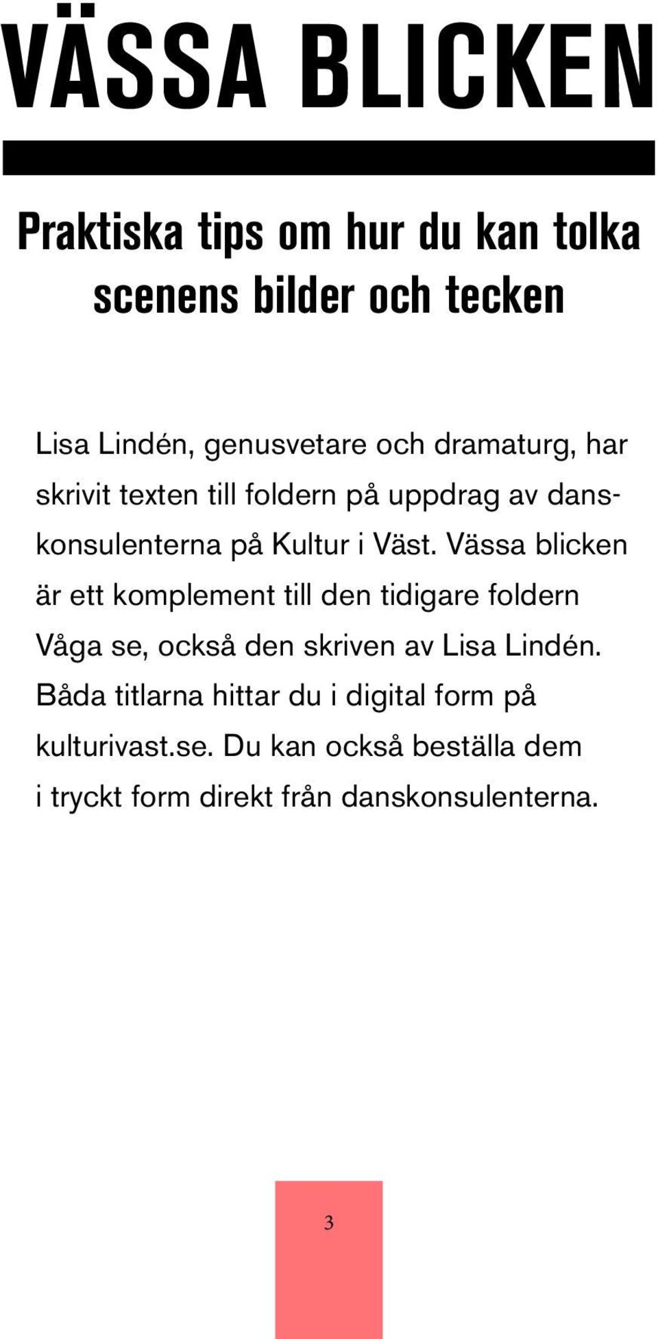Vässa blicken är ett komplement till den tidigare foldern Våga se, också den skriven av Lisa Lindén.