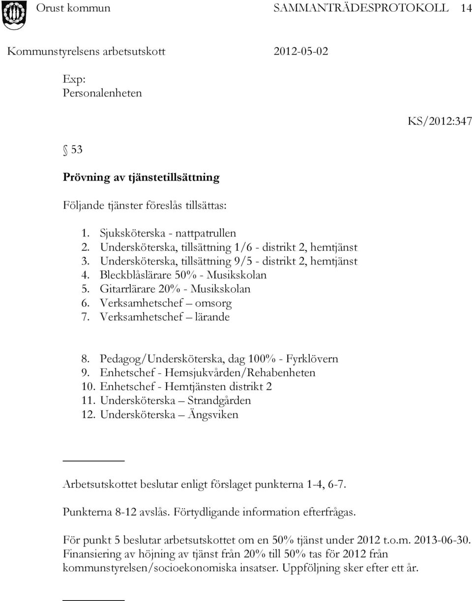 Pedagog/Undersköterska, dag 100% - Fyrklövern 9. Enhetschef - Hemsjukvården/Rehabenheten 10. Enhetschef - Hemtjänsten distrikt 2 11. Undersköterska Strandgården 12.