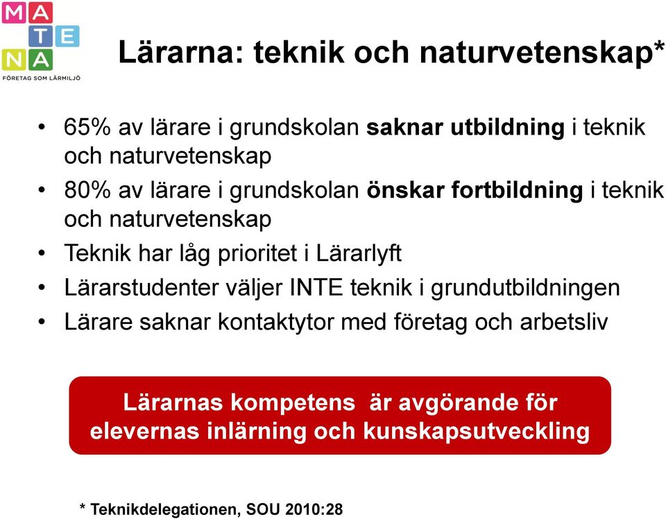 Lärarlyft Lärarstudenter väljer INTE teknik i grundutbildningen Lärare saknar kontaktytor med företag och