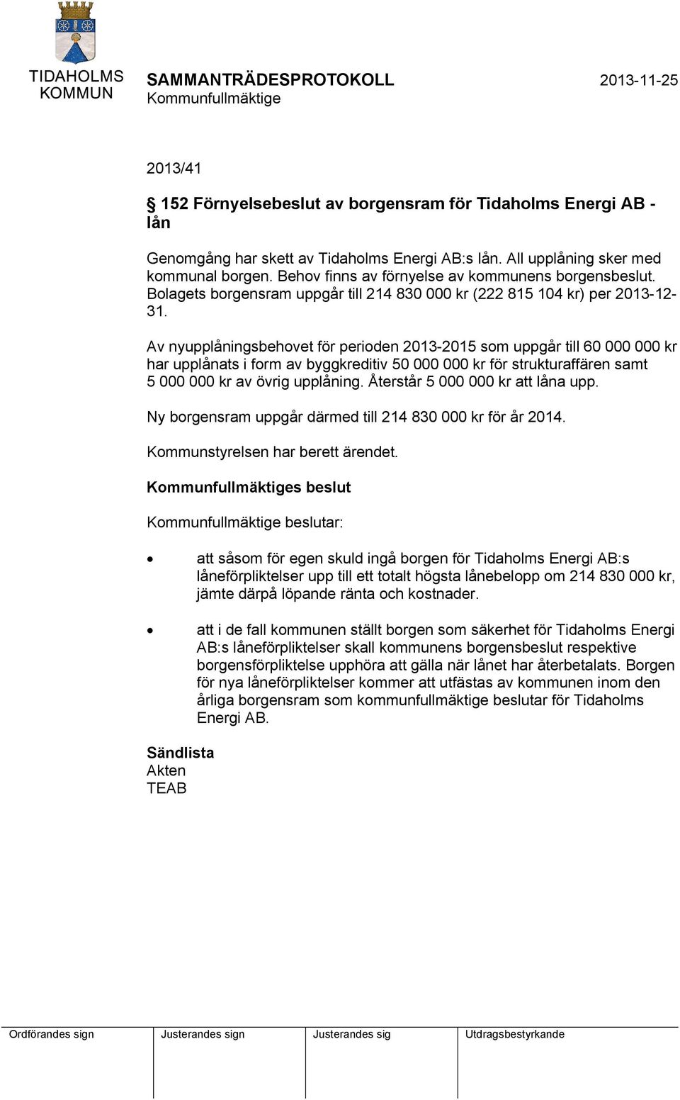 Av nyupplåningsbehovet för perioden 2013-2015 som uppgår till 60 000 000 kr har upplånats i form av byggkreditiv 50 000 000 kr för strukturaffären samt 5 000 000 kr av övrig upplåning.