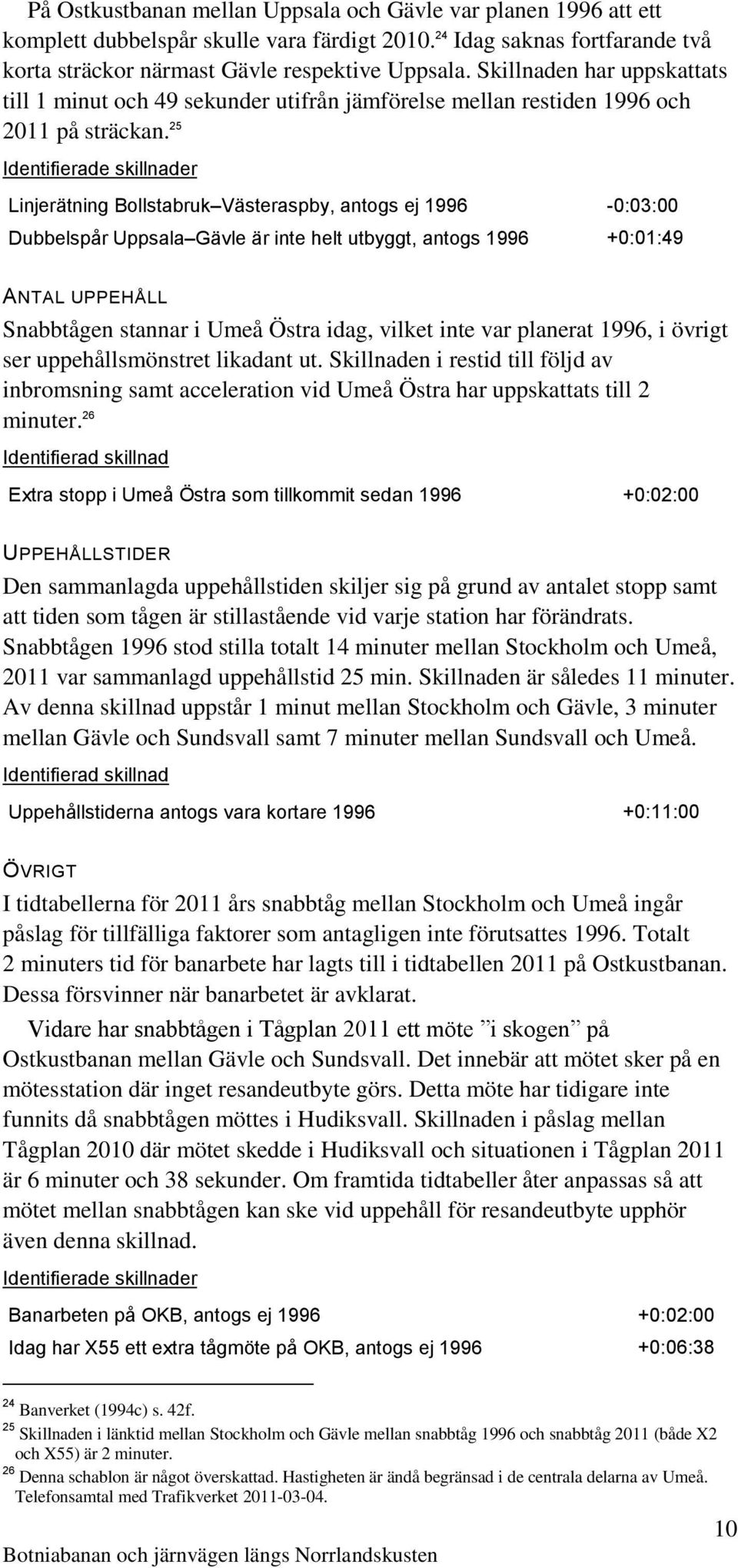 25 Identifierade skillnader Linjerätning Bollstabruk Västeraspby, antogs ej 1996-0:03:00 Dubbelspår Uppsala Gävle är inte helt utbyggt, antogs 1996 +0:01:49 ANTAL UPPEHÅLL Snabbtågen stannar i Umeå