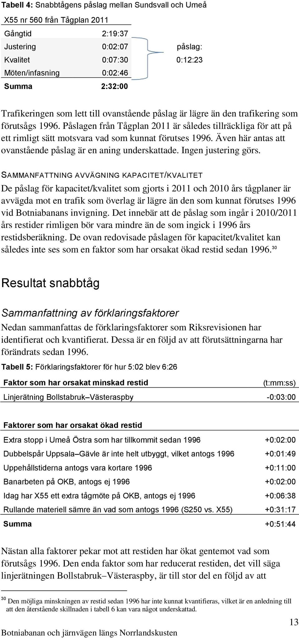 Påslagen från Tågplan 2011 är således tillräckliga för att på ett rimligt sätt motsvara vad som kunnat förutses 1996. Även här antas att ovanstående påslag är en aning underskattade.