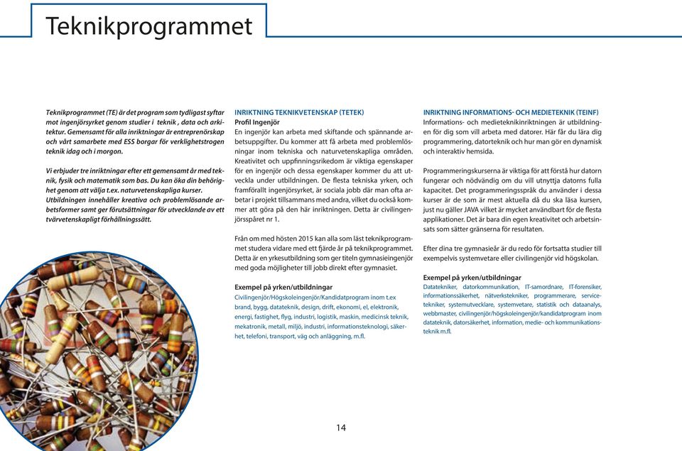 Vi erbjuder tre inriktningar efter ett gemensamt år med teknik, fysik och matematik som bas. Du kan öka din behörighet genom att välja t.ex. naturvetenskapliga kurser.