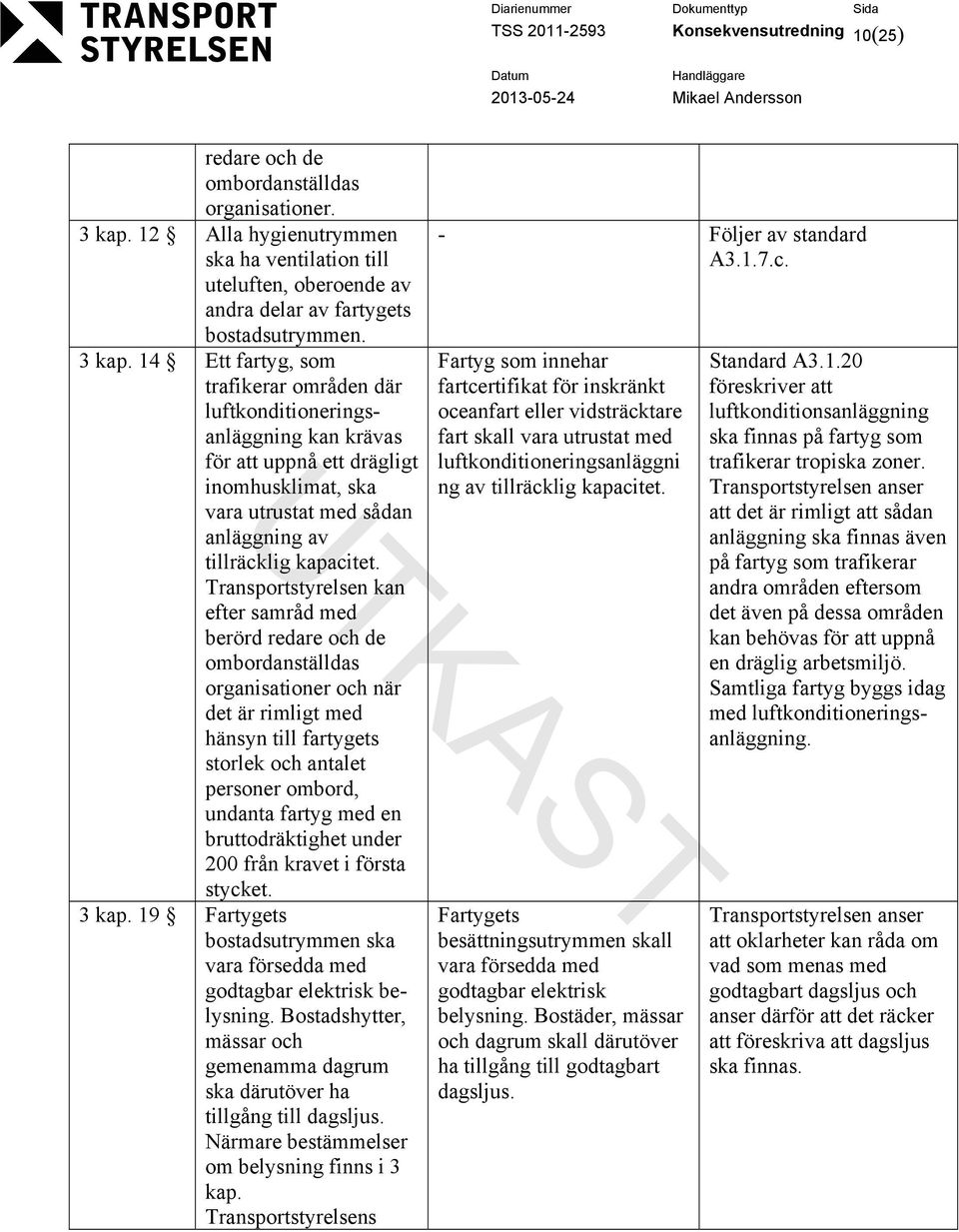 14 Ett fartyg, som trafikerar områden där luftkonditioneringsanläggning kan krävas för att uppnå ett drägligt inomhusklimat, ska vara utrustat med sådan anläggning av tillräcklig kapacitet.