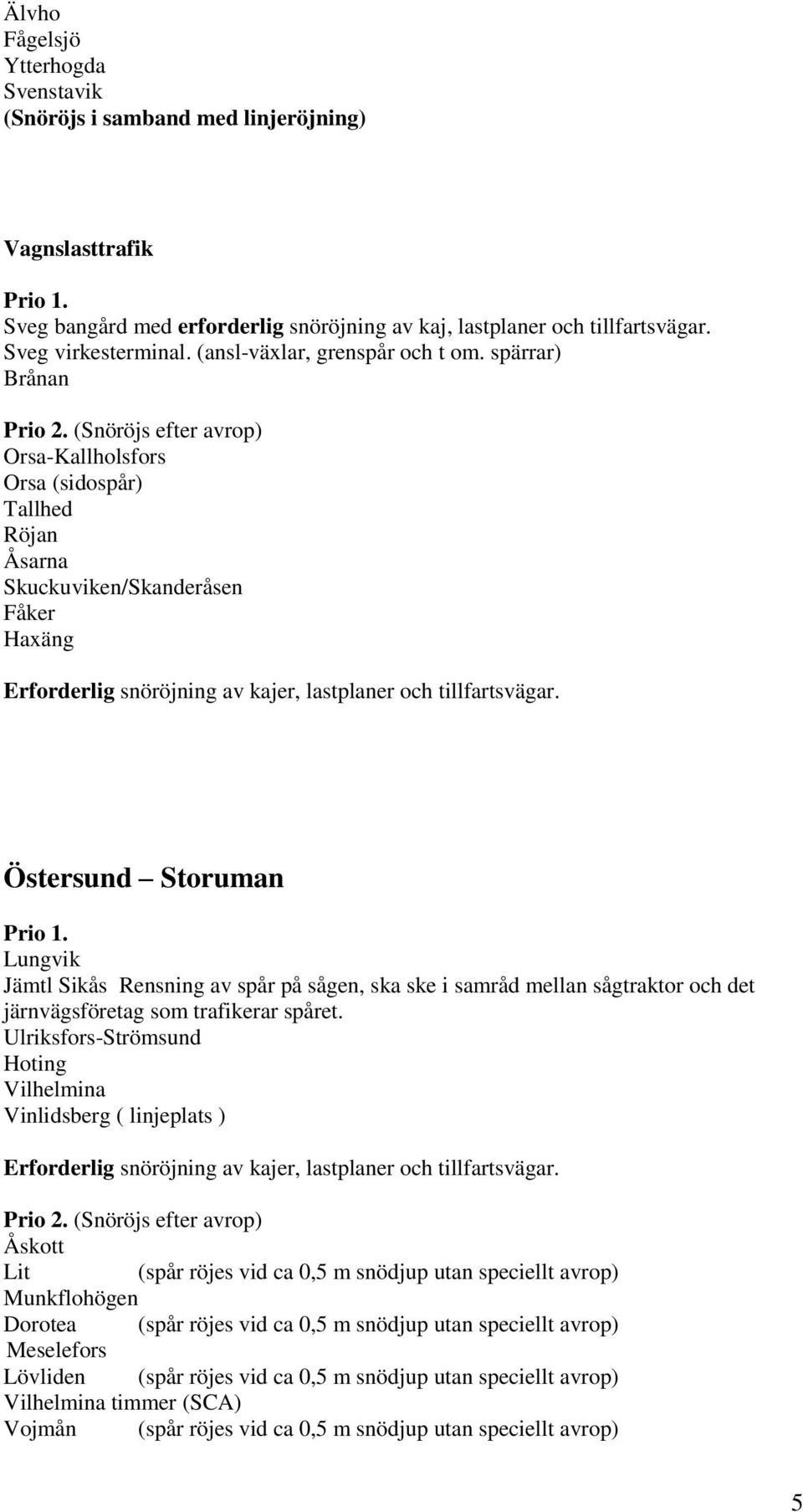 (Snöröjs efter avrop) Orsa-Kallholsfors Orsa (sidospår) Tallhed Röjan Åsarna Skuckuviken/Skanderåsen Fåker Haxäng Erforderlig snöröjning av kajer, lastplaner och tillfartsvägar.