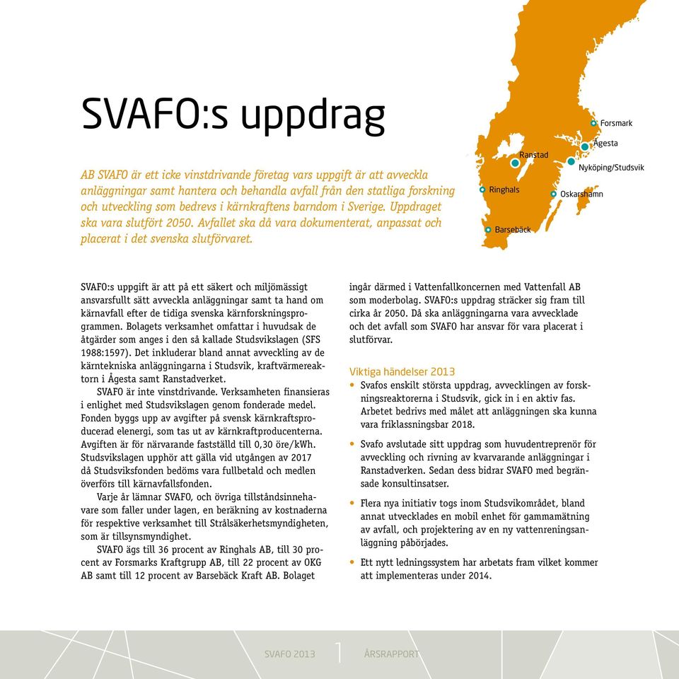 Ringhals Barsebäck Ranstad Forsmark Ågesta Nyköping/Studsvik Oskarshamn SVAFO:s uppgift är att på ett säkert och miljömässigt ansvarsfullt sätt avveckla anläggningar samt ta hand om kärnavfall efter