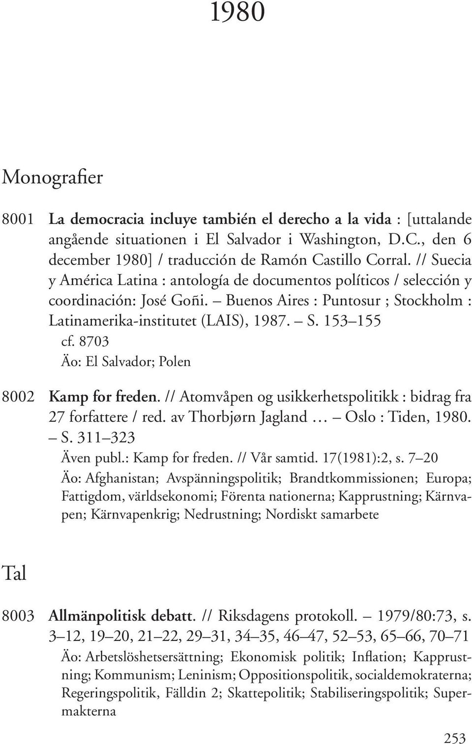 8703 Äo: El Salvador; Polen 8002 Kamp for freden. // Atomvåpen og usikkerhetspolitikk : bidrag fra 27 forfattere / red. av Thorbjørn Jagland Oslo : Tiden, 1980. S. 311 323 Även publ.: Kamp for freden.