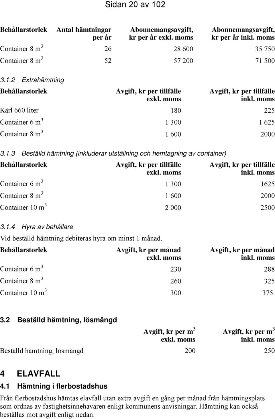 moms Kärl 660 liter 180 225 Container 6 m 3 1 300 1 625 Container 8 m 3 1 600 2000 3.1.3 Beställd hämtning (inkluderar utställning och hemtagning av container) Behållarstorlek Avgift, kr per tillfälle exkl.