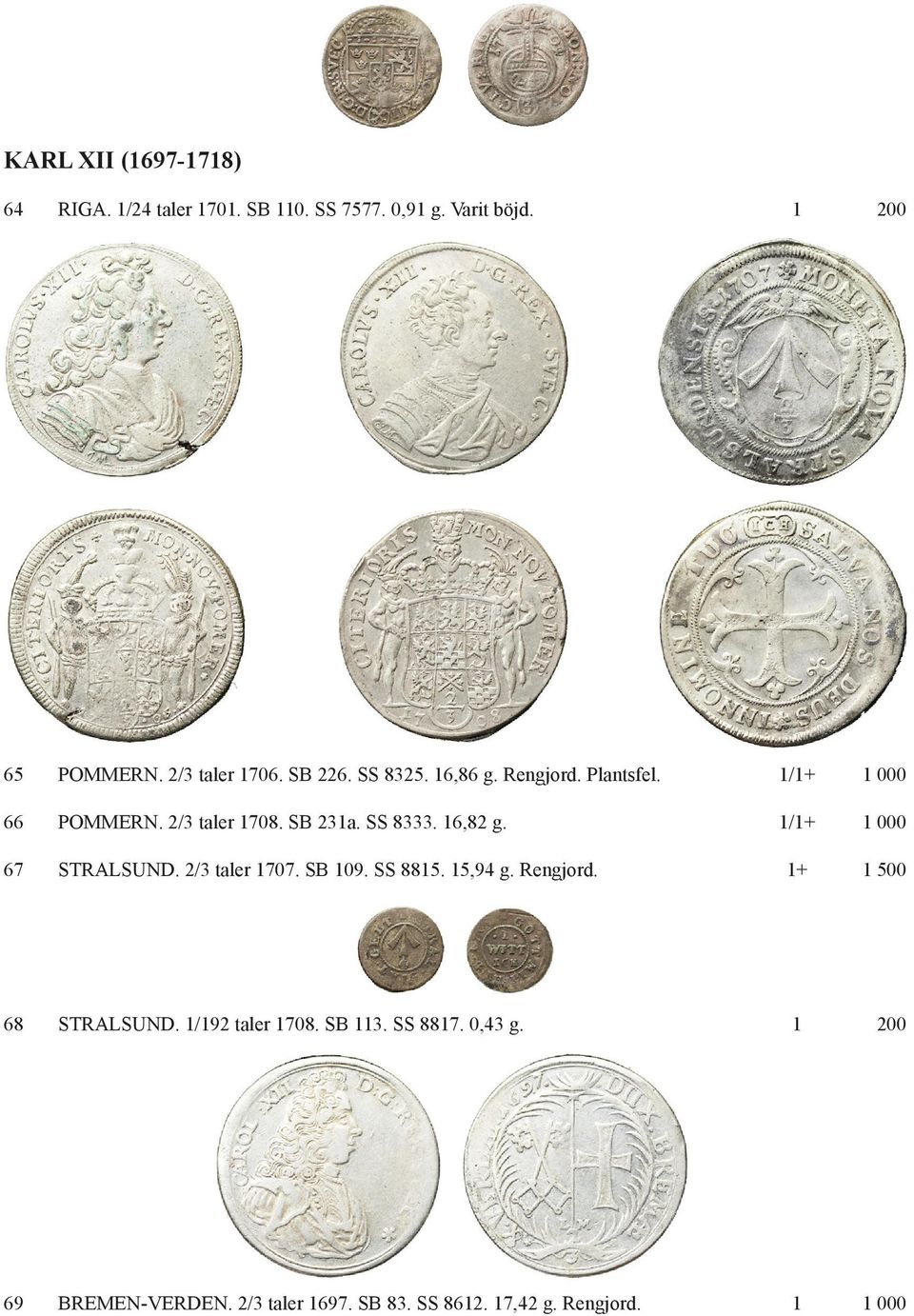 SS 8333. 16,82 g. 1/1+ 1 000 67 STRALSUND. 2/3 taler 1707. SB 109. SS 8815. 15,94 g. Rengjord.