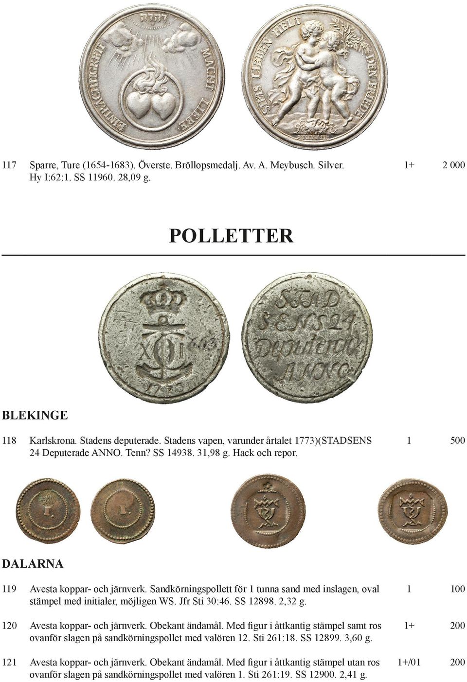 Sandkörningspollett för 1 tunna sand med inslagen, oval stämpel med initialer, möjligen WS. Jfr Sti 30:46. SS 12898. 2,32 g. 120 Avesta koppar- och järnverk. Obekant ändamål.