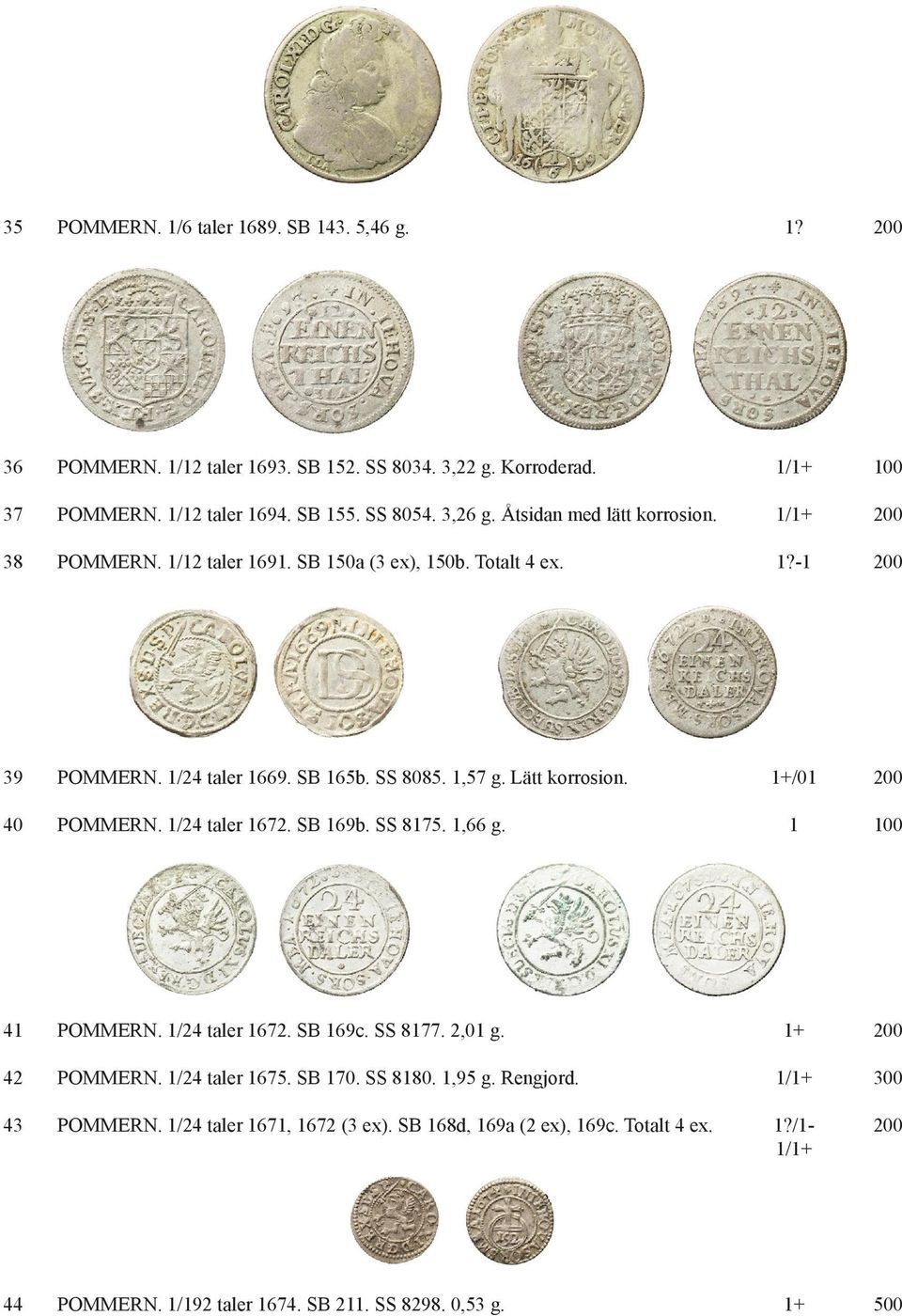 1+/01 200 40 POMMERN. 1/24 taler 1672. SB 169b. SS 8175. 1,66 g. 1 100 41 POMMERN. 1/24 taler 1672. SB 169c. SS 8177. 2,01 g. 1+ 200 42 POMMERN. 1/24 taler 1675. SB 170. SS 8180.