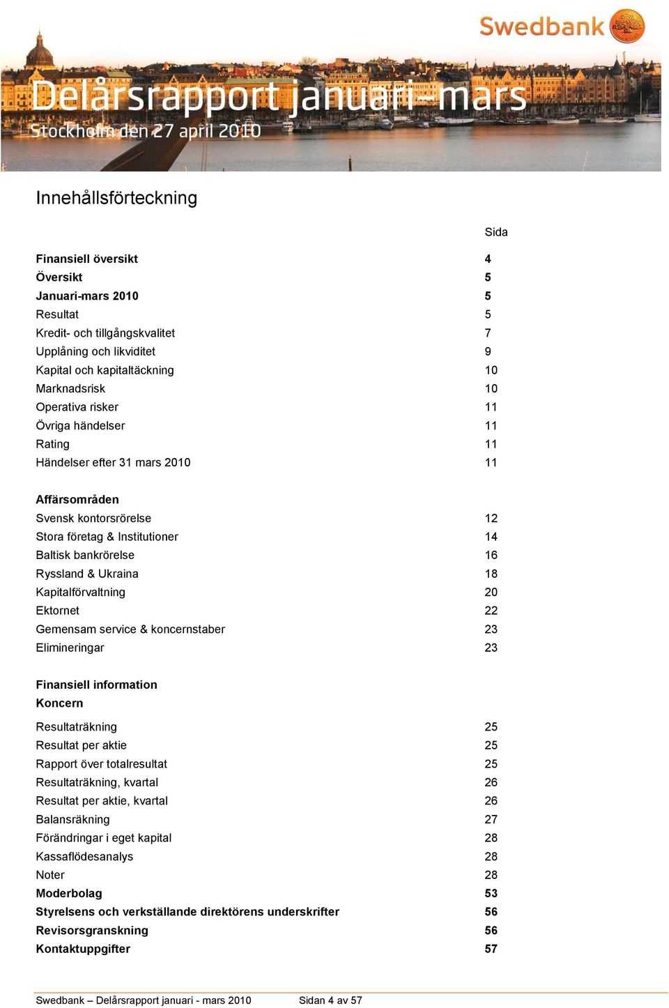 Kapitalförvaltning 20 Ektornet 22 Gemensam service & koncernstaber 23 Elimineringar 23 Finansiell information Koncern Resultaträkning 25 Resultat per aktie 25 Rapport över totalresultat 25