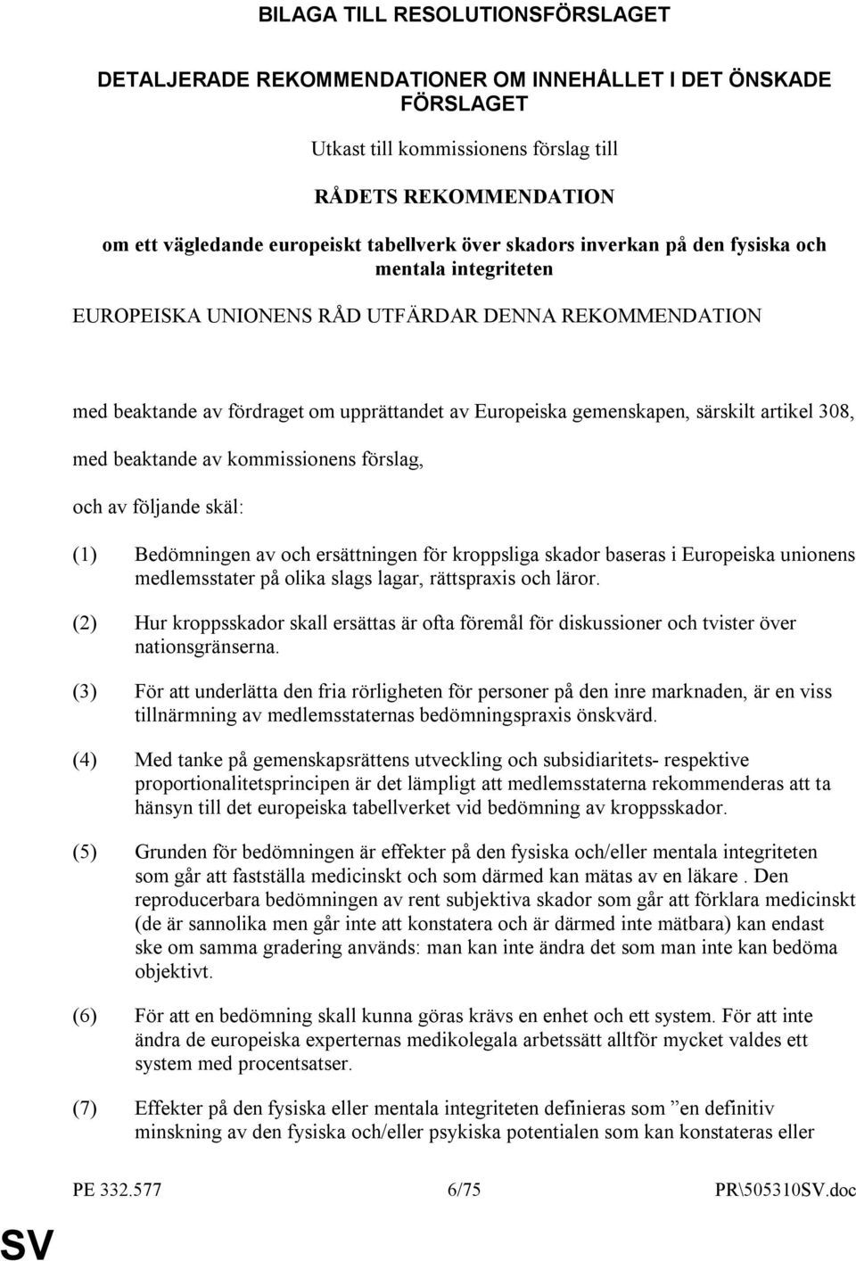 särskilt artikel 308, med beaktande av kommissionens förslag, och av följande skäl: (1) Bedömningen av och ersättningen för kroppsliga skador baseras i Europeiska unionens medlemsstater på olika