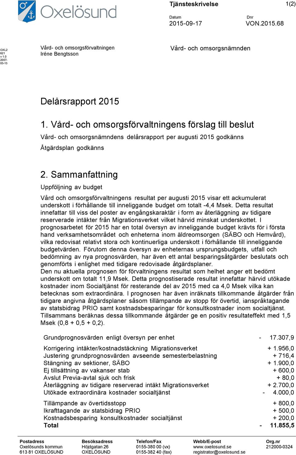 Sammanfattning Uppföljning av budget Vård och omsorgsförvaltningens resultat per augusti 2015 visar ett ackumulerat underskott i förhållande till inneliggande budget om totalt -4,4 Msek.