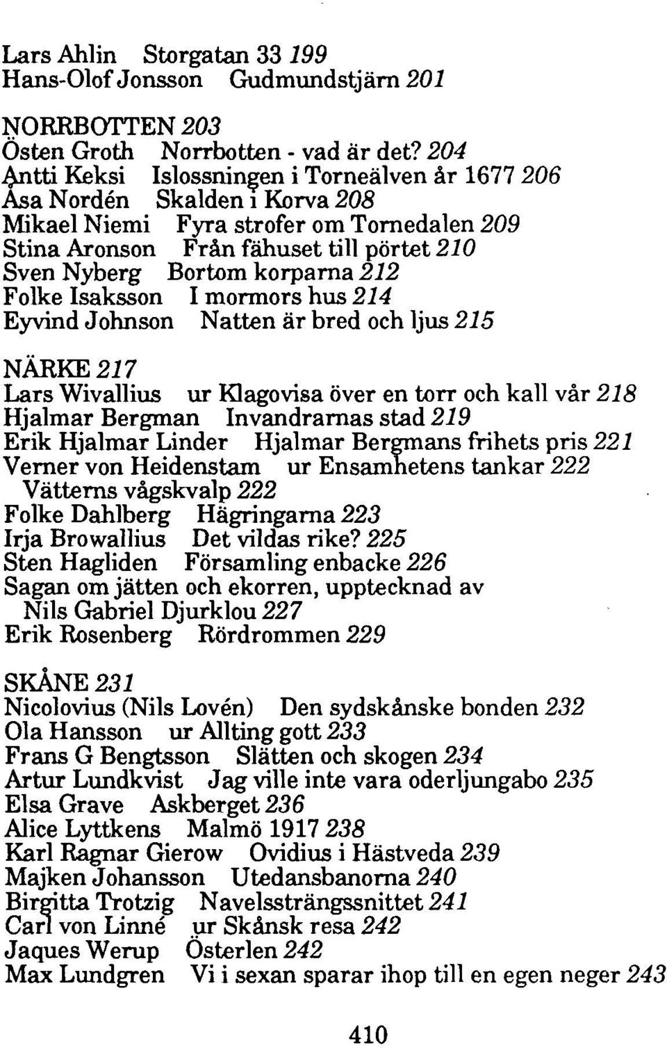 212 Folke Isaksson I mormors hus 214 Eyvind Johnson Natten är bred och ljus 215 NÄRKE 217 Lars Wivallius ur Klagovisa över en torr och kall vår 218 Hjalmar Bergman Invandrarnas stad 219 Erik Hjalmar