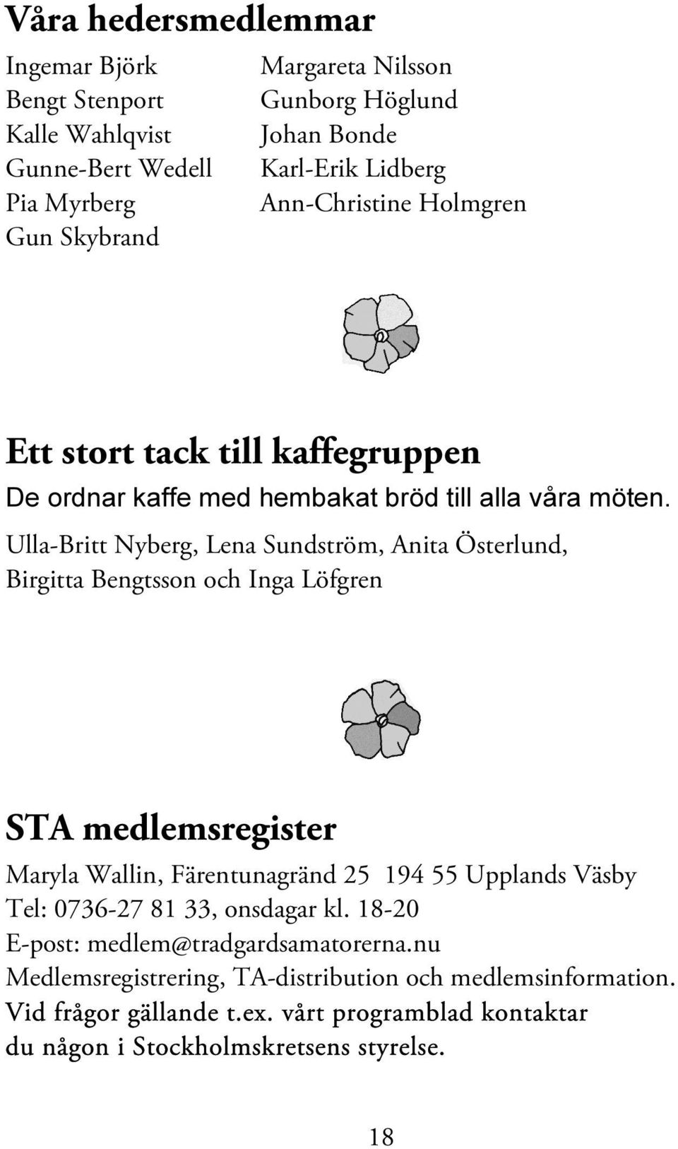 Ulla-Britt Nyberg, Lena Sundström, Anita Österlund, Birgitta Bengtsson och Inga Löfgren STA medlemsregister Maryla Wallin, Färentunagränd 25 194 55 Upplands Väsby Tel: