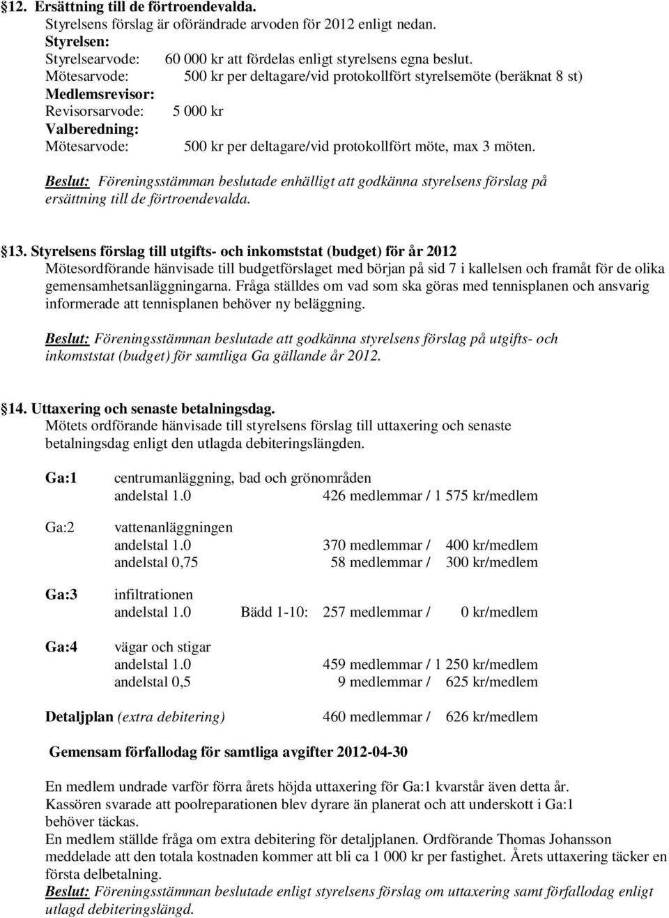 möten. Beslut: Föreningsstämman beslutade enhälligt att godkänna styrelsens förslag på ersättning till de förtroendevalda. 13.