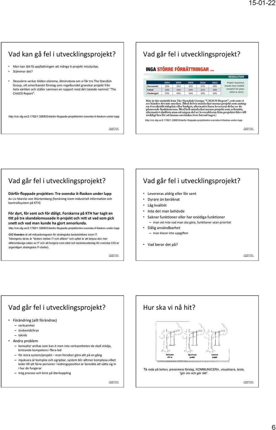 namnet The CHAOS Report. http://cio.idg.se/2.1782/1.326833/darfor-floppade-projektentre-svenska-it-fiaskon-under-lupp http://cio.idg.se/2.1782/1.326833/darfor-floppade-projektentre-svenska-it-fiaskon-under-lupp Vad går fel i utvecklingsprojekt?