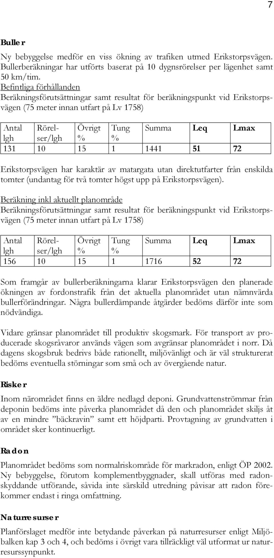 15 1 1441 51 72 Erikstorpsvägen har karaktär av matargata utan direktutfarter från enskilda tomter (undantag för två tomter högst upp på Erikstorpsvägen).