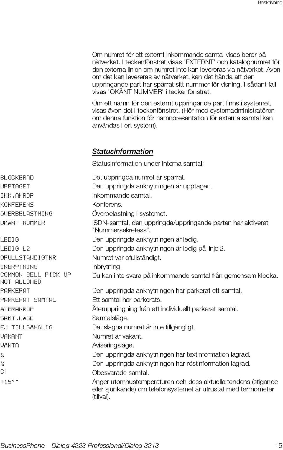 Om ett namn för den externt uppringande part finns i systemet, visas även det i teckenfönstret.