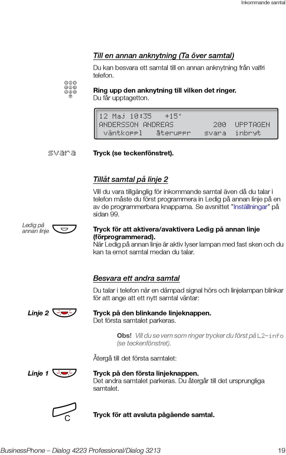 Ledig på annan linje Ô Tillåt samtal på linje 2 Vill du vara tillgänglig för inkommande samtal även då du talar i telefon måste du först programmera in Ledig på annan linje på en av de programmerbara