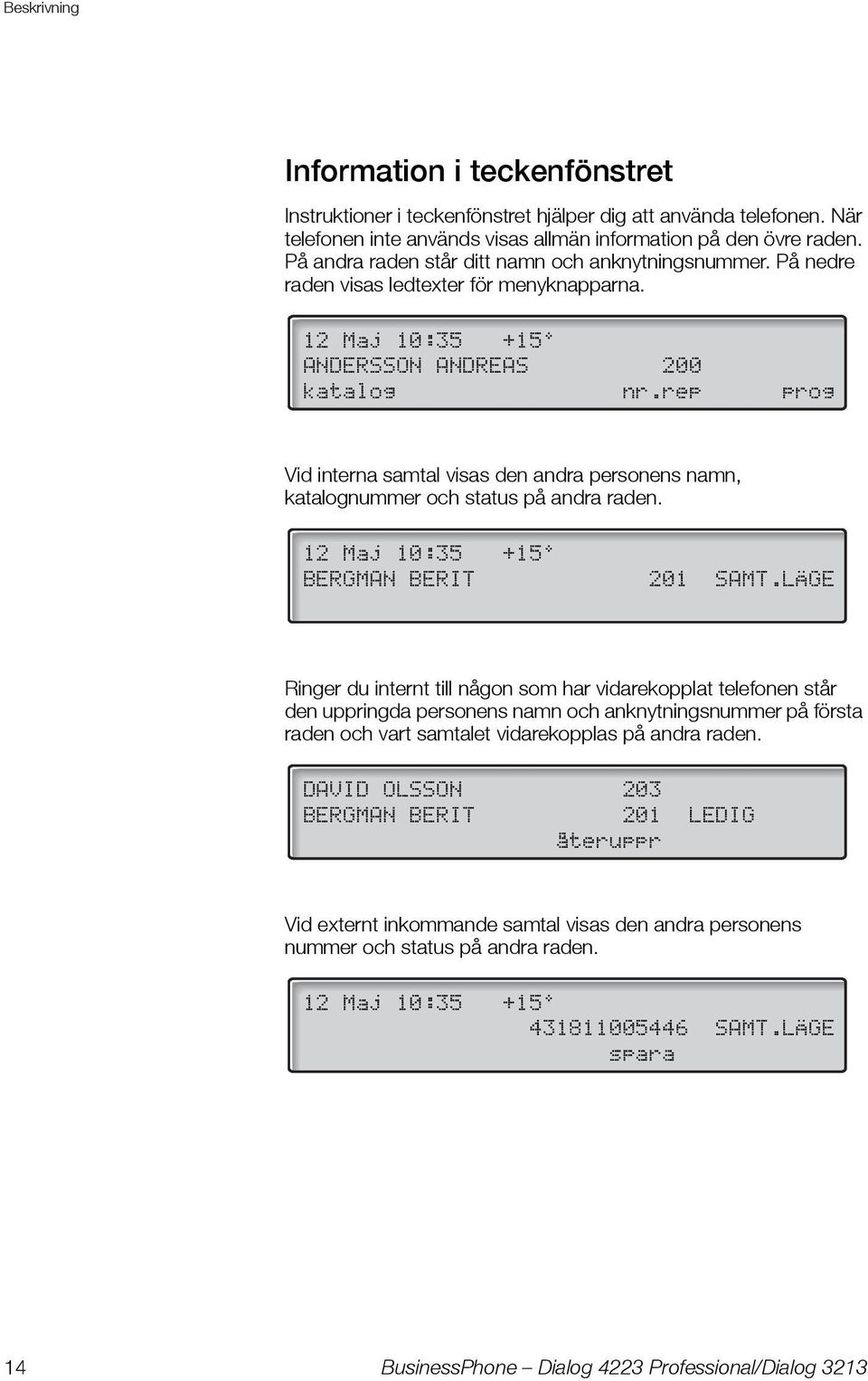 rep prog Vid interna samtal visas den andra personens namn, katalognummer och status på andra raden. 12 Maj 10:35 +15 BERGMAN BERIT 201 SAMT.