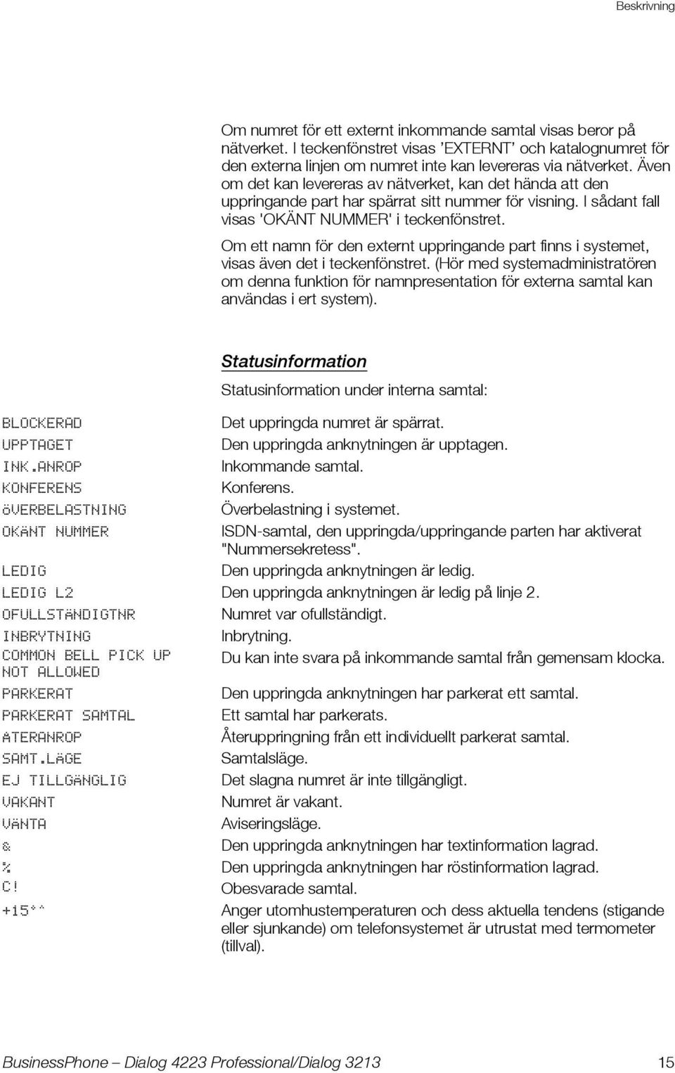 Om ett namn för den externt uppringande part finns i systemet, visas även det i teckenfönstret.