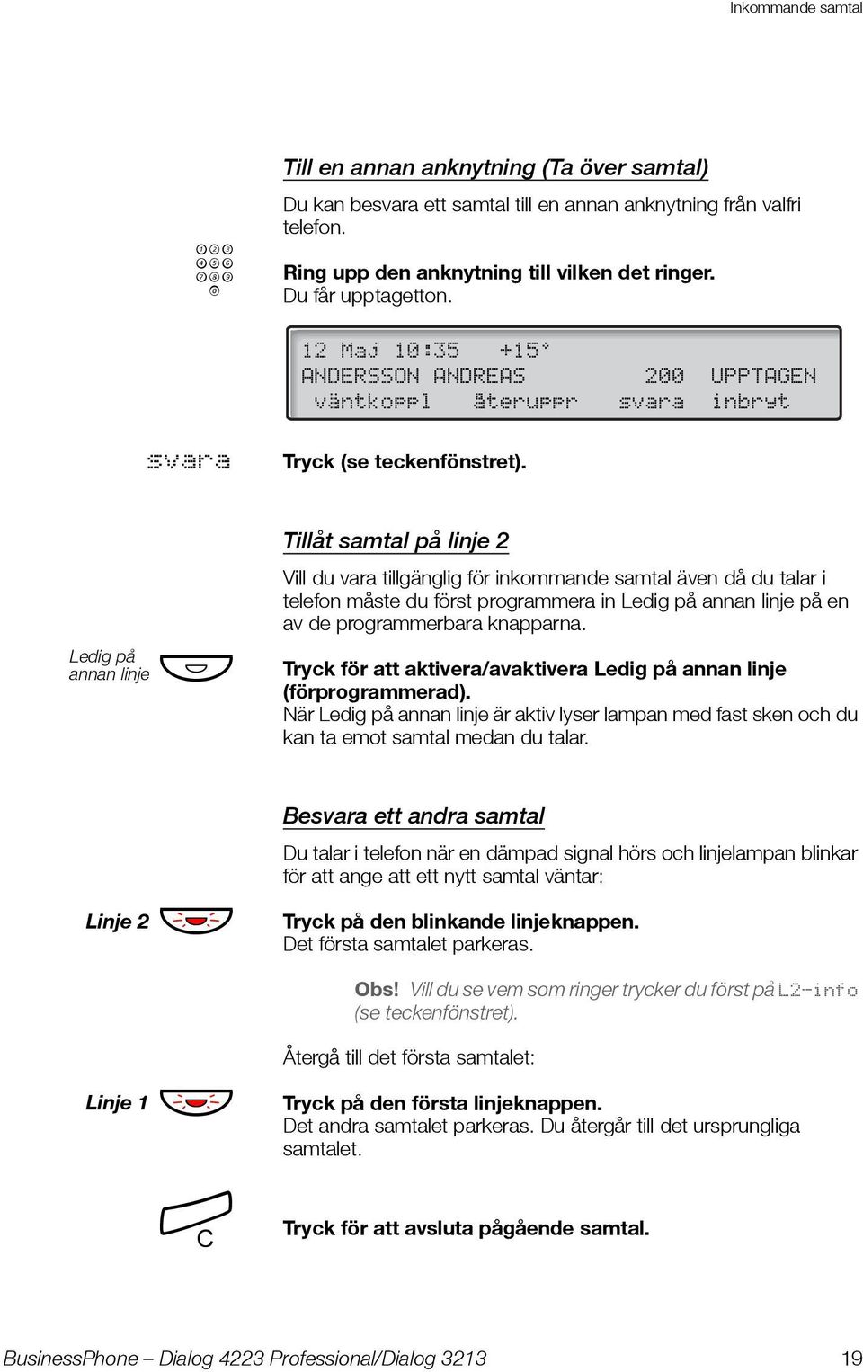 Ledig på annan linje Ô Tillåt samtal på linje 2 Vill du vara tillgänglig för inkommande samtal även då du talar i telefon måste du först programmera in Ledig på annan linje på en av de programmerbara