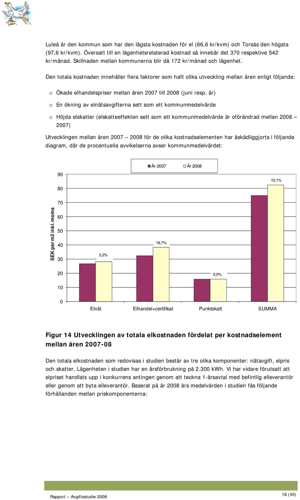 Den totala kostnaden innehåller flera faktorer som haft olika utveckling mellan åren enligt följande: o Ökade elhandelspriser mellan åren 2007 till 2008 (juni resp.