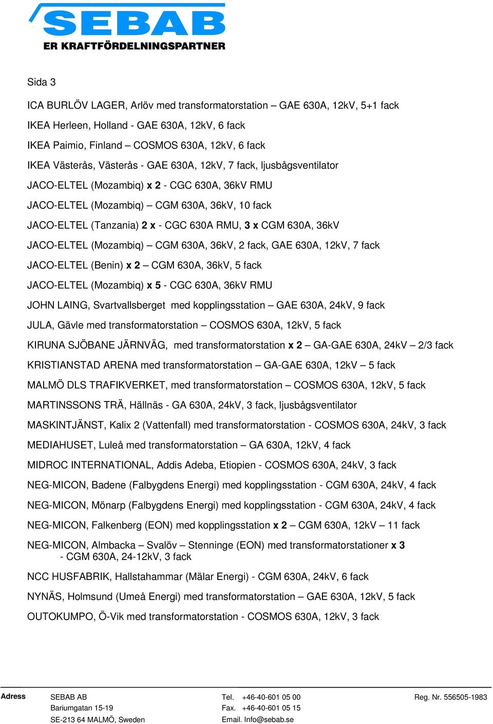 JACO-ELTEL (Mozambiq) CGM 630A, 36kV, 2 fack, GAE 630A, 12kV, 7 fack JACO-ELTEL (Benin) x 2 CGM 630A, 36kV, 5 fack JACO-ELTEL (Mozambiq) x 5 - CGC 630A, 36kV RMU JOHN LAING, Svartvallsberget med