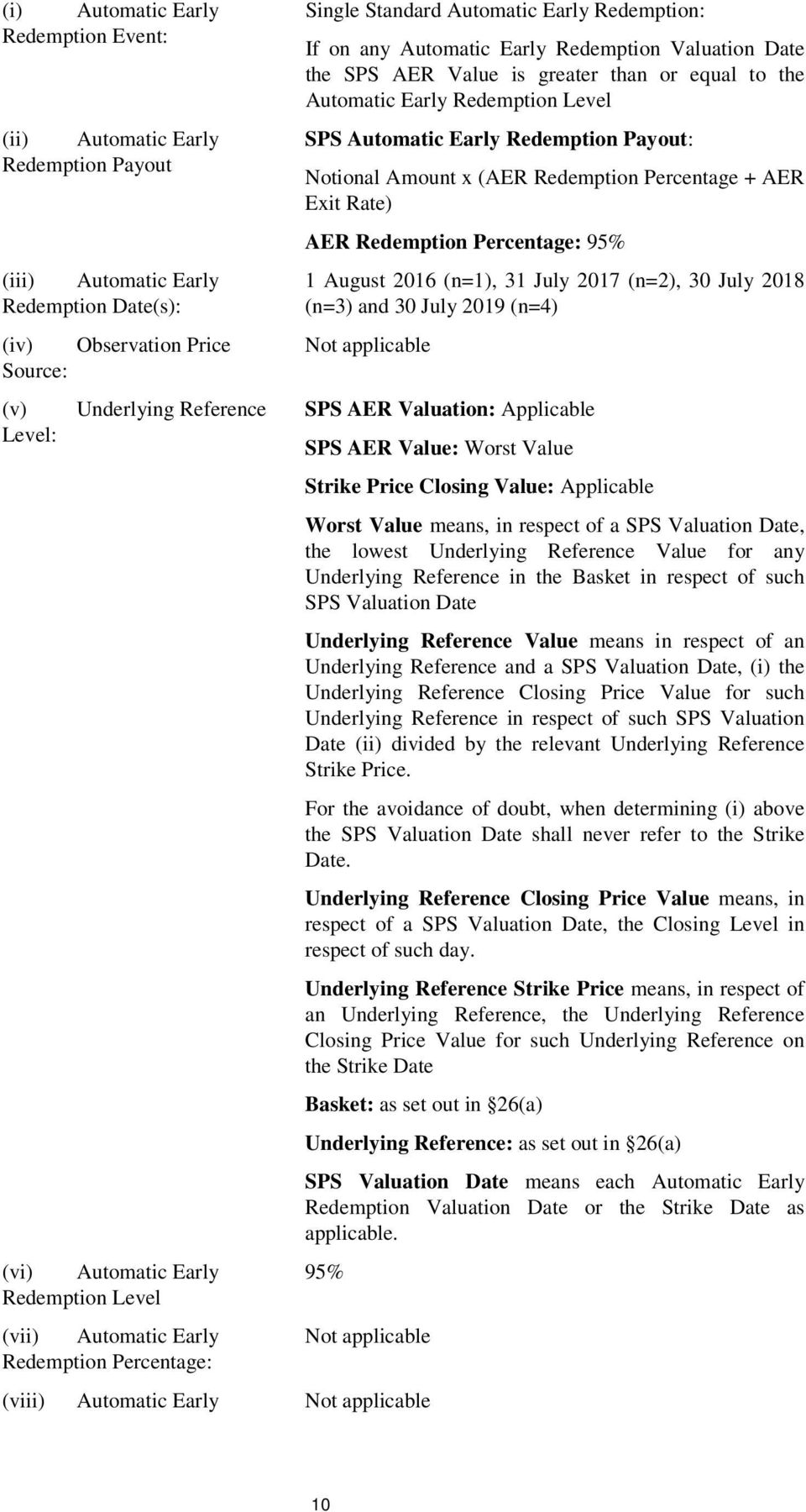 or equal to the Automatic Early Redemption Level SPS Automatic Early Redemption Payout: Notional Amount x (AER Redemption Percentage + AER Exit Rate) AER Redemption Percentage: 95% 1 August 2016