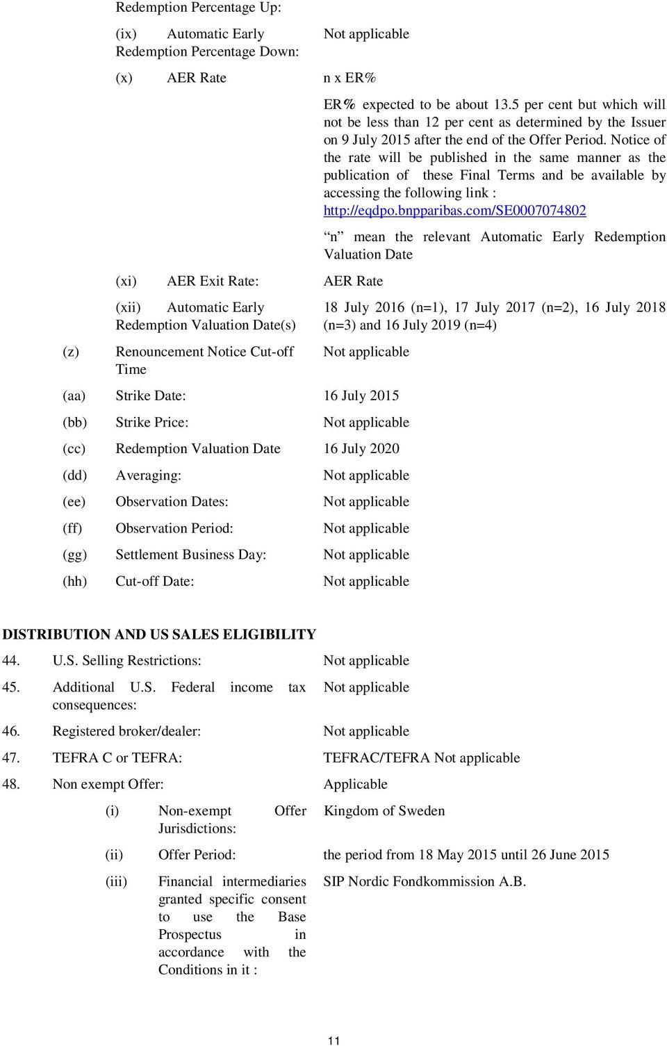 Notice of the rate will be published in the same manner as the publication of these Final Terms and be available by accessing the following link : http://eqdpo.bnpparibas.