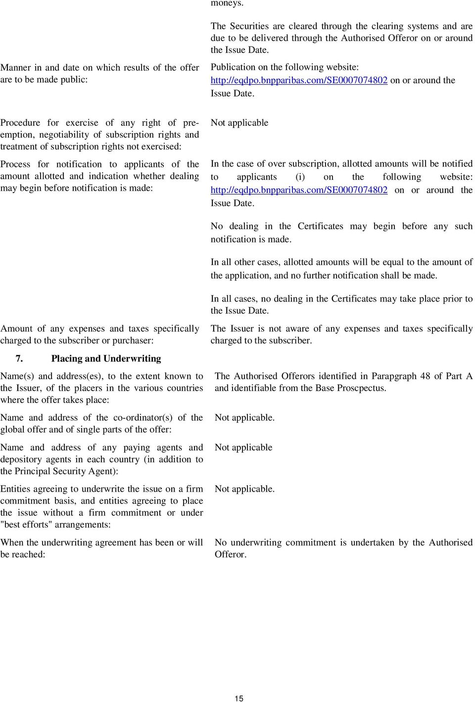 the Issue Date. Publication on the following website: http://eqdpo.bnpparibas.com/se0007074802 on or around the Issue Date.