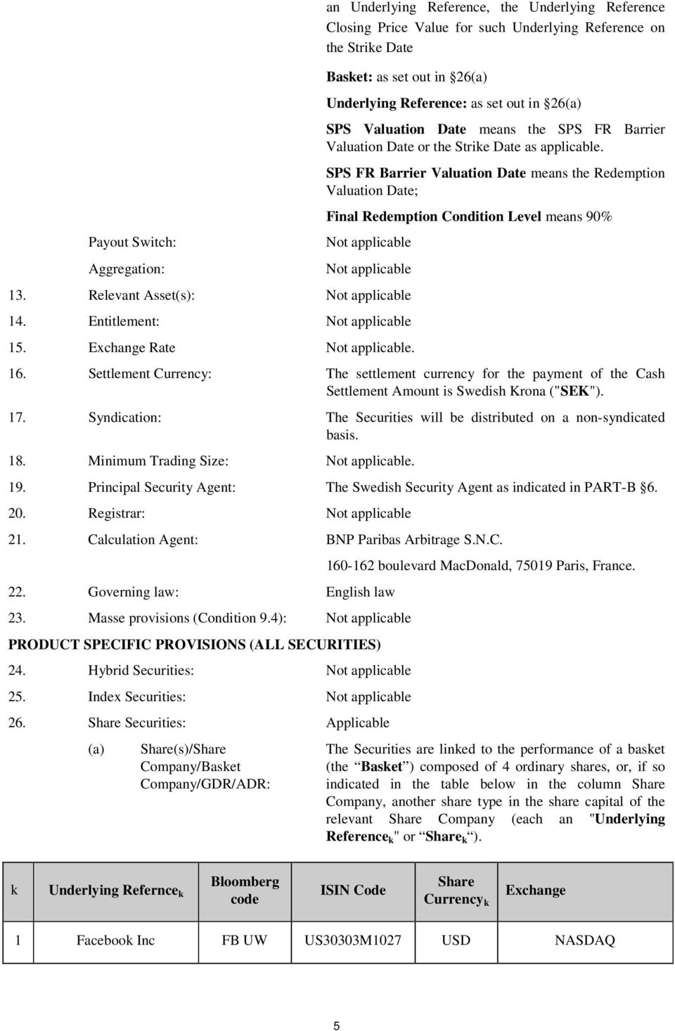 SPS FR Barrier Valuation Date means the Redemption Valuation Date; Final Redemption Condition Level means 90% Not applicable Not applicable 13. Relevant Asset(s): Not applicable 14.