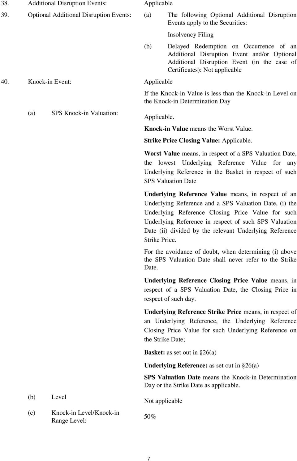 case of Certificates): Not applicable If the Knock-in Value is less than the Knock-in Level on the Knock-in Determination Day Applicable. Knock-in Value means the Worst Value.