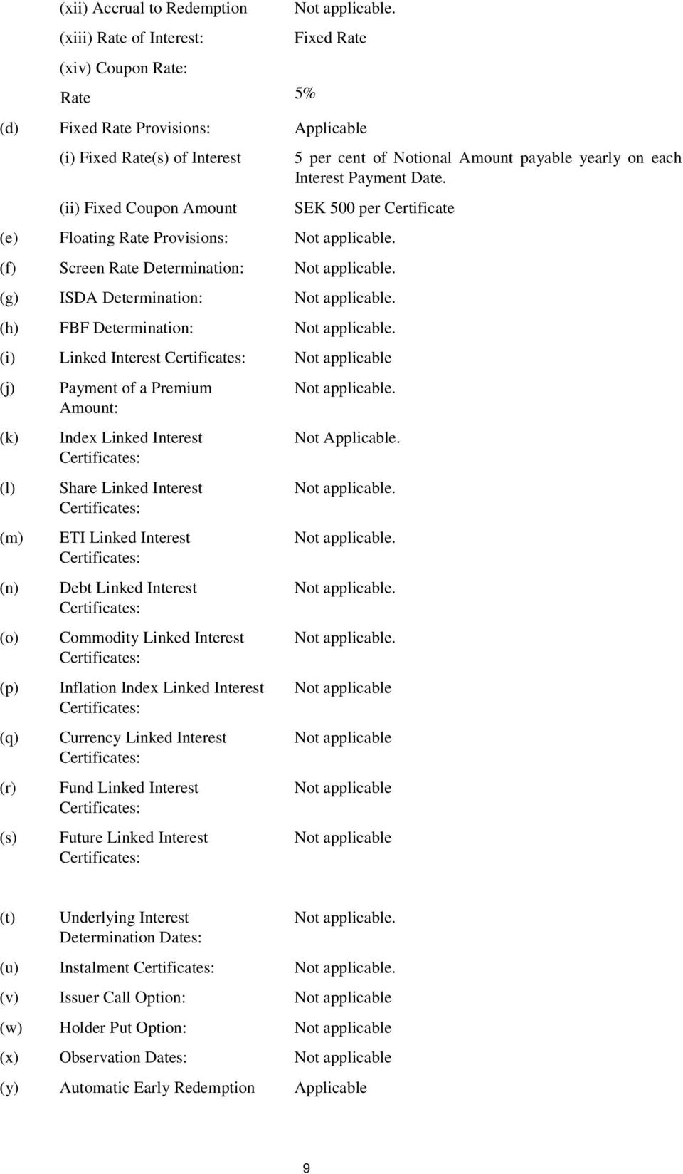 SEK 500 per Certificate (e) Floating Rate Provisions: Not applicable. (f) Screen Rate Determination: Not applicable. (g) ISDA Determination: Not applicable. (h) FBF Determination: Not applicable.