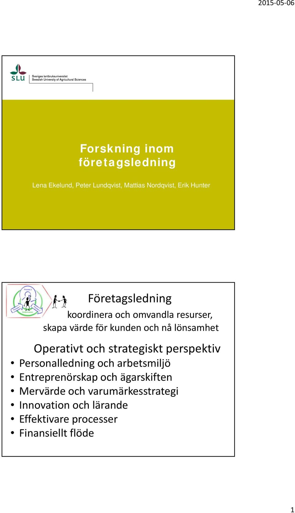 Operativt och strategiskt perspektiv Personalledning och arbetsmiljö Entreprenörskap och