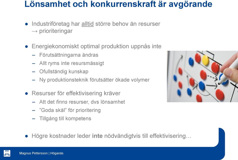 kunskap Ny produktionsteknik förutsätter ökade volymer Resurser för effektivisering kräver Att det finns resurser,