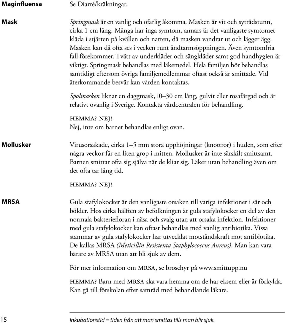 Även symtomfria fall förekommer. Tvätt av underkläder och sängkläder samt god handhygien är viktigt. Springmask behandlas med läkemedel.