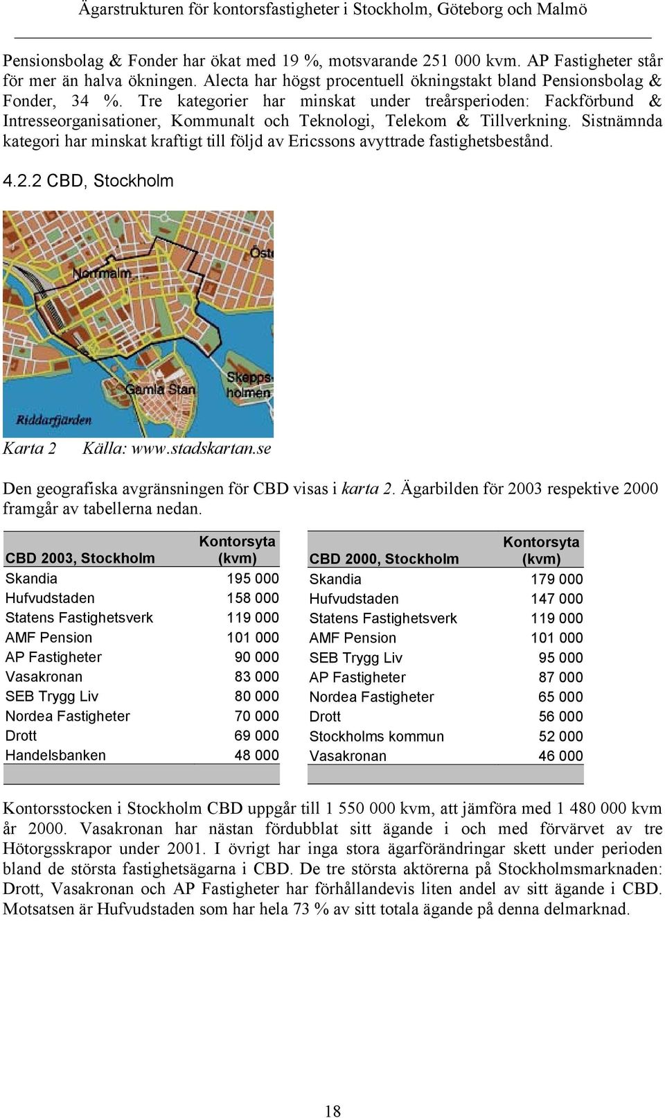 Sistnämnda kategori har minskat kraftigt till följd av Ericssons avyttrade fastighetsbestånd. 4.2.2 CBD, Stockholm Karta 2 Källa: www.stadskartan.