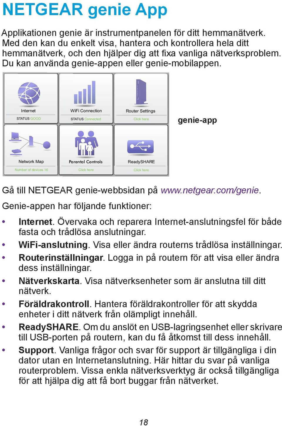 Internet STATUS GOOD WiFi Connection STATUS Connected Router Settings Click here genie-app Network Map Parental Controls ReadySHARE Number of devices 16 Click here Click here Gå till NETGEAR