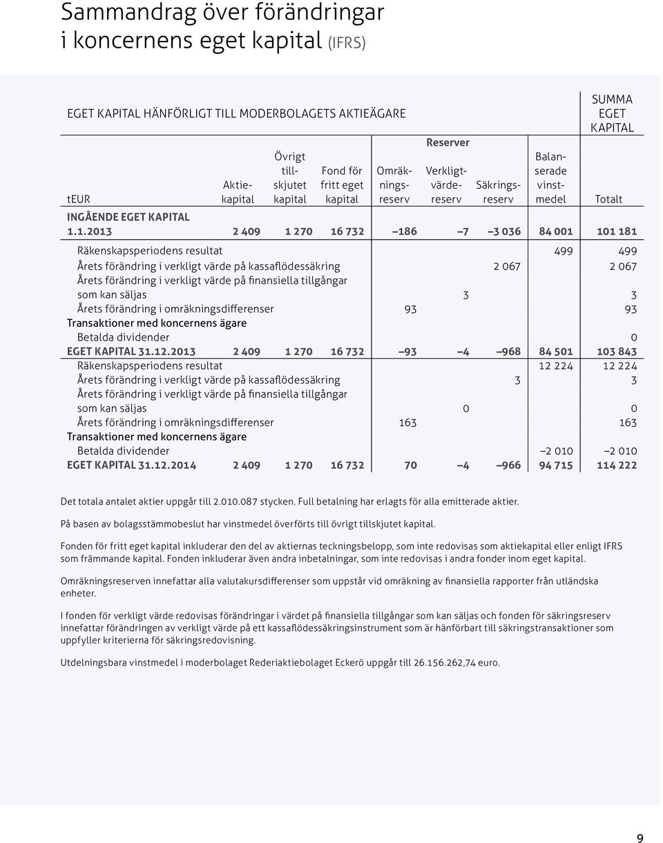 1.2013 2 409 1 270 16 732 186 7 3 036 84 001 101 181 Räkenskapsperiodens resultat 499 499 Årets förändring i verkligt värde på kassaflödessäkring 2 067 2 067 Årets förändring i verkligt värde på