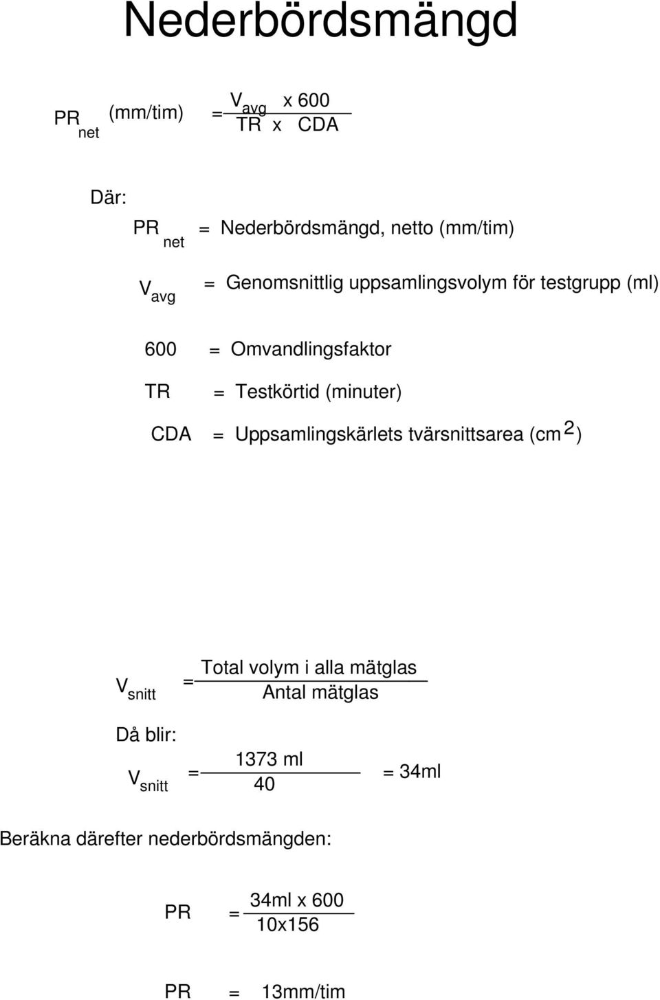 (minuter) CDA = Uppsamlingskärlets tvärsnittsarea (cm 2 ) V snitt = Total volym i alla mätglas Antal