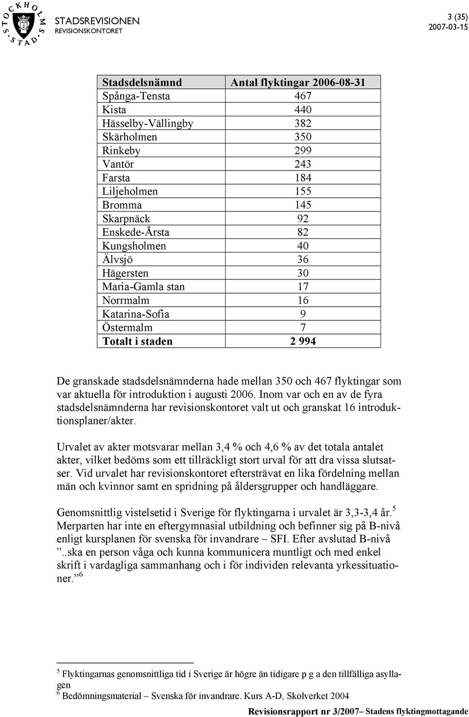 flyktingar som var aktuella för introduktion i augusti 2006. Inom var och en av de fyra stadsdelsnämnderna har revisionskontoret valt ut och granskat 16 introduktionsplaner/akter.