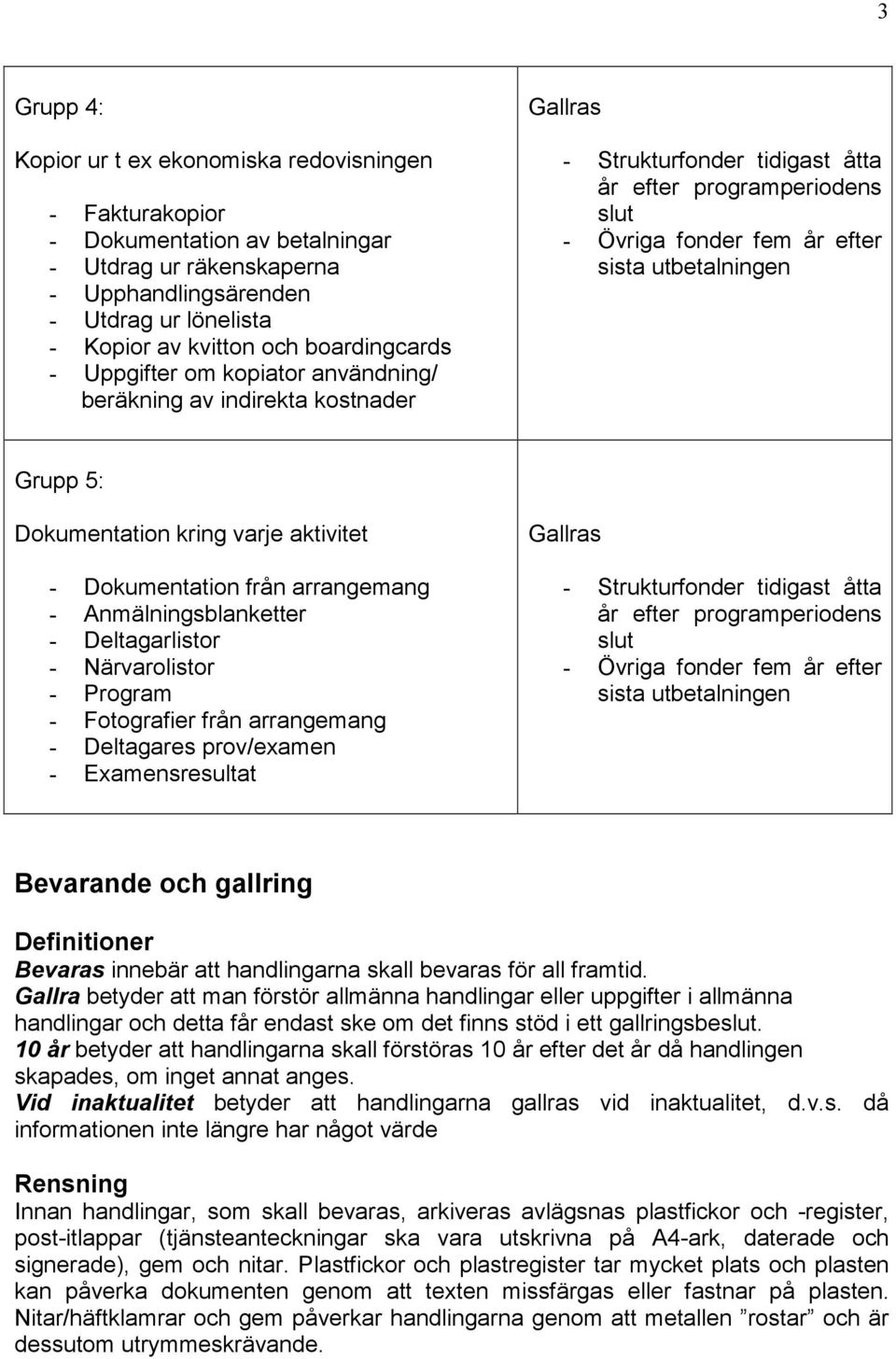 Anmälningsblanketter - Deltagarlistor - Närvarolistor - Program - Fotografier från arrangemang - Deltagares prov/examen - Examensresultat sista utbetalningen Bevarande och gallring Definitioner